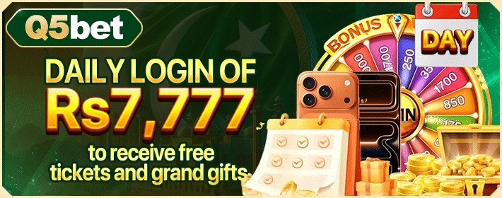 Q5Bet Game Login – Daily bonus screen showing up to 7777 PKR earnings.
