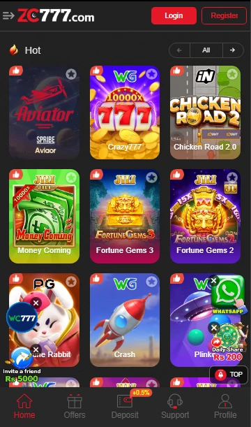 ZC777 Game APK lobby showing popular games like Aviator, Teen Patti, Andar Bahar, Roulette, and slots – real cash earning app in Pakistan
