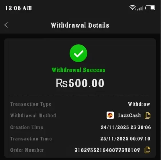 777AD Game successful JazzCash withdrawal screenshot Pakistan