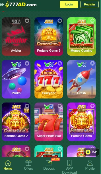 777AD Game lobby showing popular casino and prediction games Pakistan