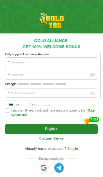 Golo789 login and registration form with fields for username, password, and mobile number.