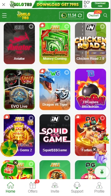 Golo789 online casino game lobby showing popular slots and live casino categories.