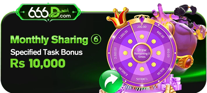 “Promotional banner from 666D Game offering a monthly sharing bonus of Rs 10,000 with a lucky spin wheel graphic.”
