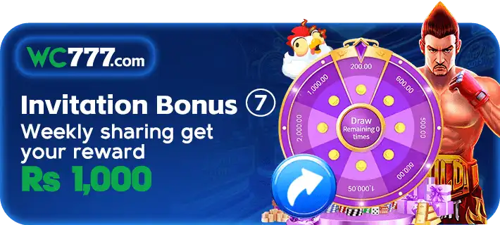 WC777 invite and earn image showing weekly bonus of 1000 PKR for referring friends