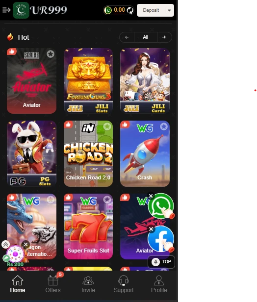 UR999 Game list showcasing slots, card games, mini-games, and casino games