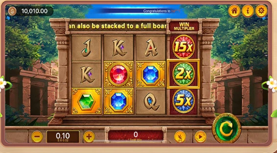 DK777 Game slot gameplay showing win multipliers like 2x, 5x, and 15x with bonus symbols