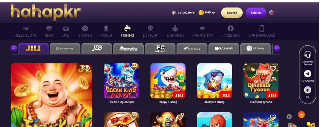 HAHAPKR Game main menu – Slots, popular games, lottery, contact service & more
