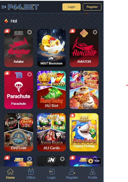 P44 Game main menu – Play Aviator, Money Coming, Slots, Poker & more
