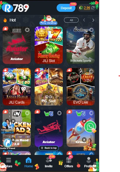 "R789 Game main menu showing popular card and slot games like Teen Patti, Dragon vs Tiger, Aviator, Mines, and Lotto"