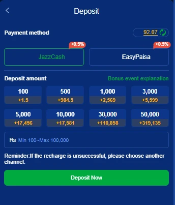 WC777 deposit and withdraw image using JazzCash and Easypaisa in Pakistan