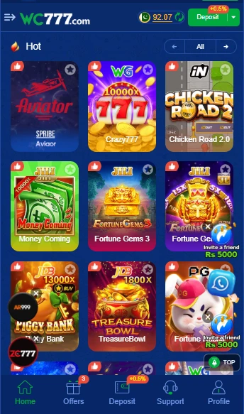 WC777 popular games list image showing Aviator, Teen Patti, Money Coming, Fortune and casino games