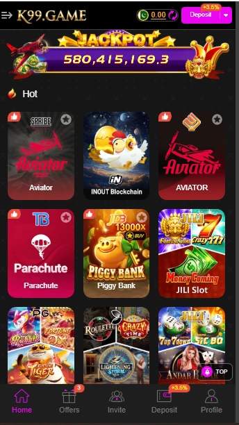 K99 Game main menu - Play casino games, deposit, withdraw & claim offers in Pakistan