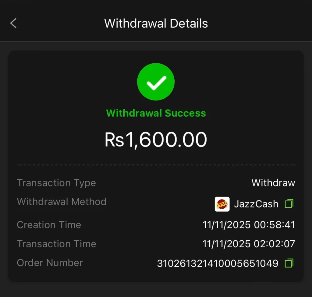 “Screenshot of 666D withdrawal success showing Rs 1,600 JazzCash transaction details.”
