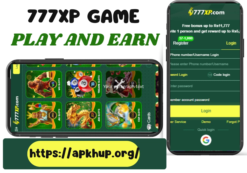 777XP Game APK play and earn casino app showing slot games and login screen for Pakistani players