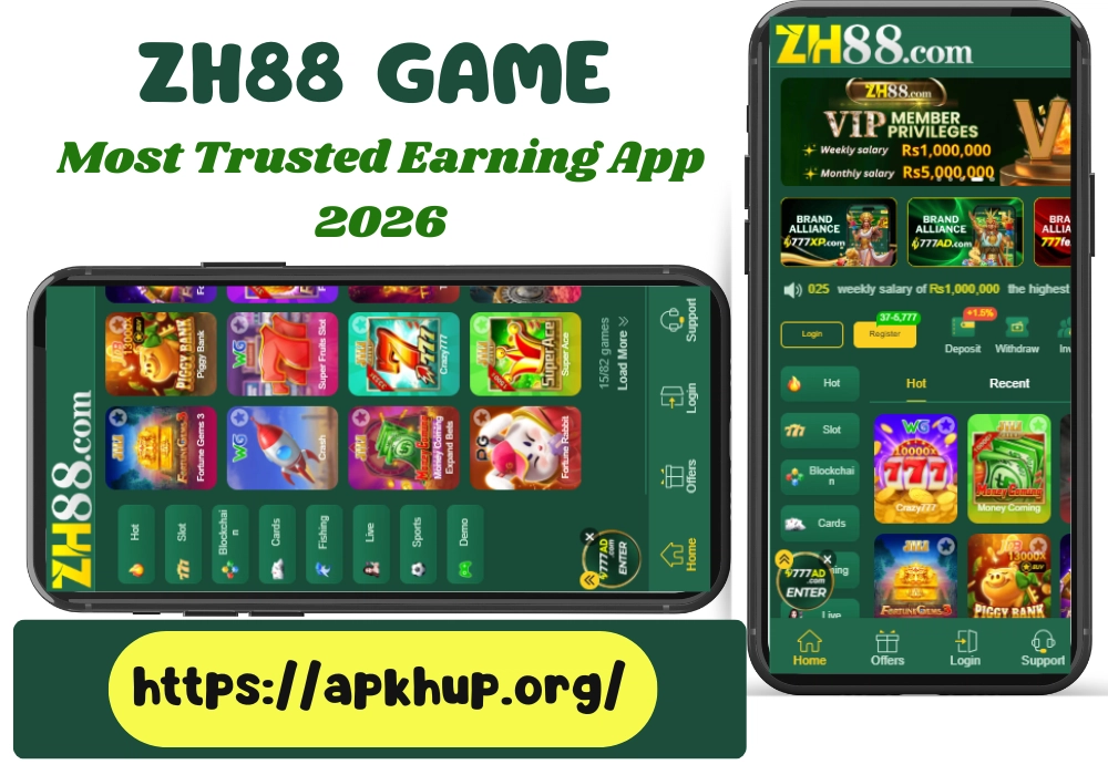 ZH88 GAME most trusted earning app 2026 showing game lobby, slots, cards, and VIP features on mobile – download from apkhup.org