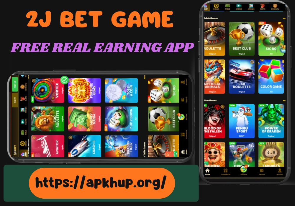 2J Bet Game free real earning app showing casino games like roulette, aviator, slots, color prediction, and crash games on Android.