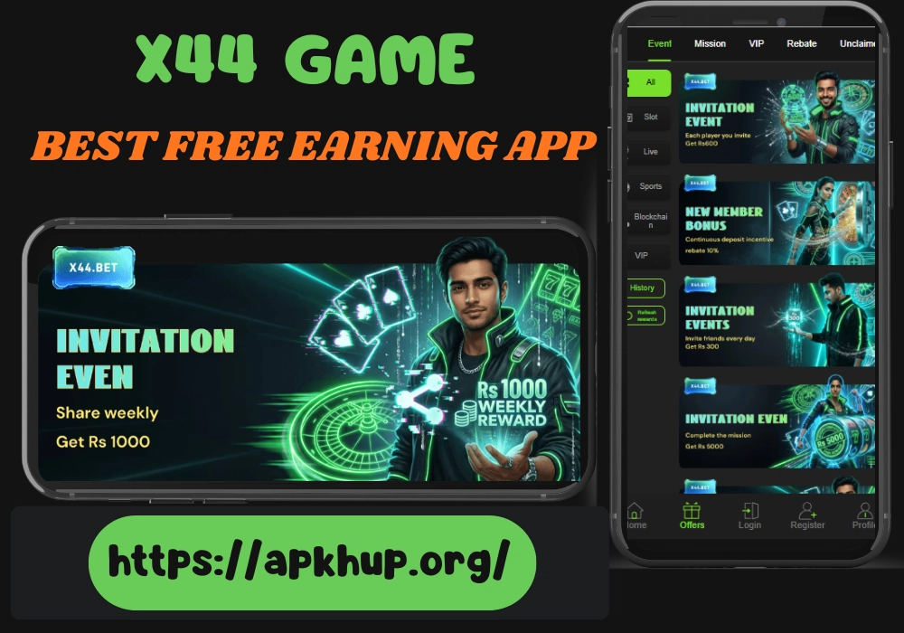 X44 Game free earning app showing invitation event and weekly reward features on APKHUP.org
