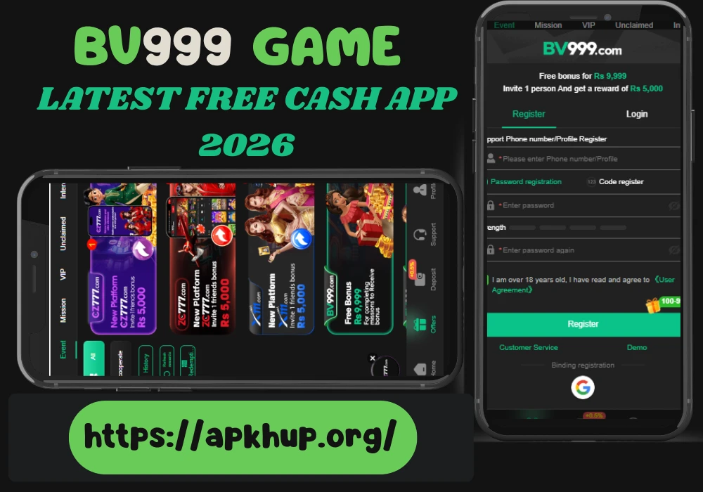 “BU999 Game app interface showing free cash offers and bonus rewards for Android users”