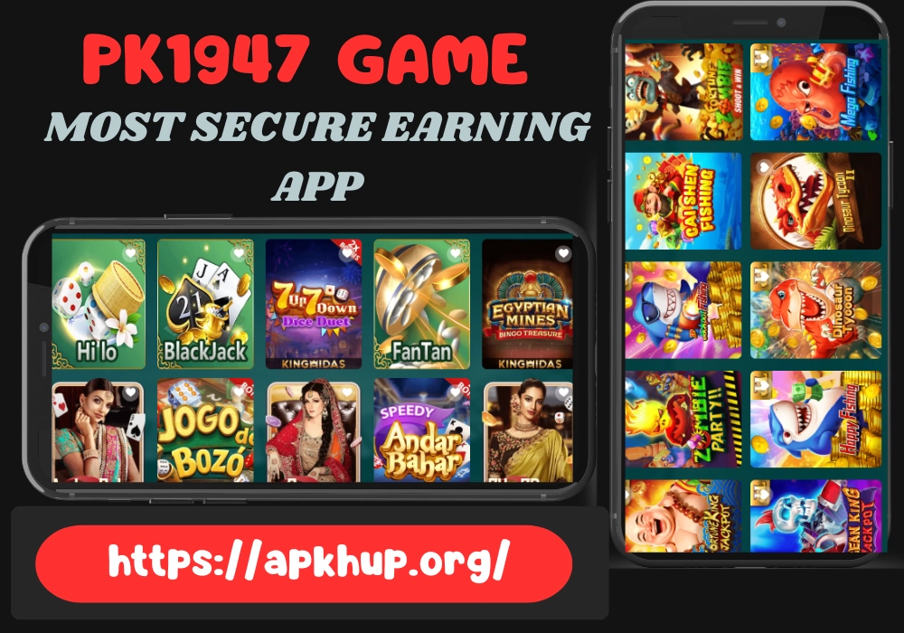 PK1947 Game secure earning app interface showing popular casino and card games in Pakistan