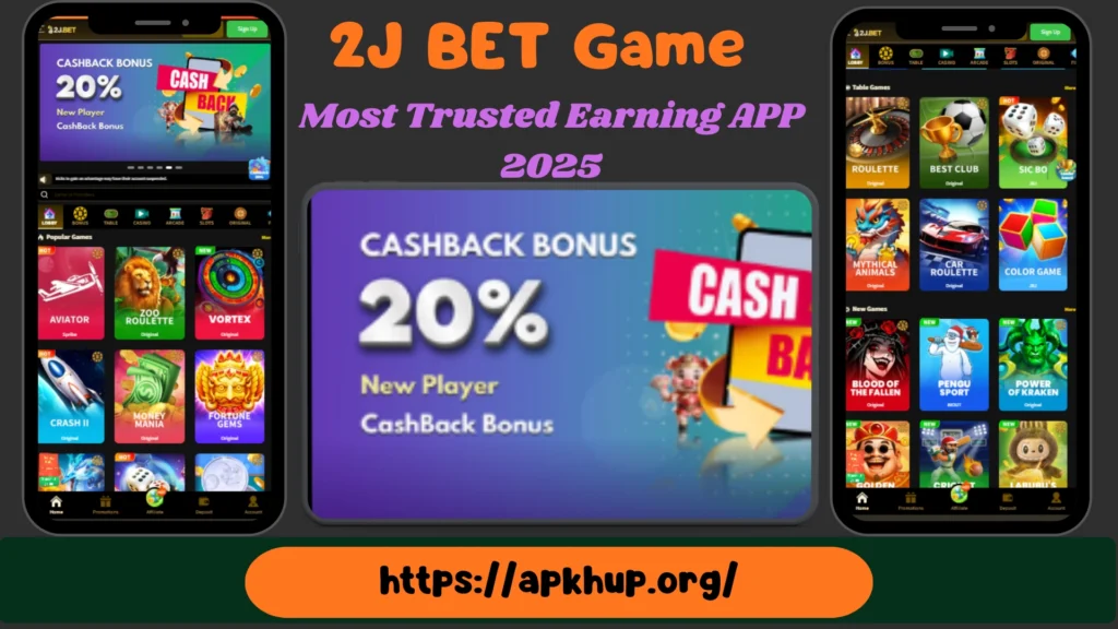 2J Bet Game app interface showing cashback bonus offers, casino games, roulette, color prediction, and slot games on Android in 2025.