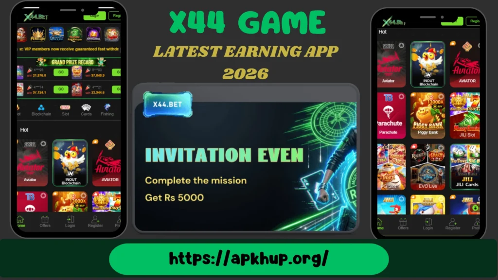 X44 Game earning app interface showing casino games, invitation bonus, and rewards on APKHUP.org