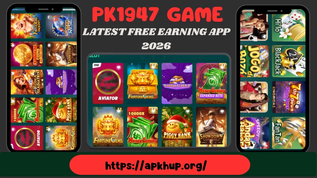 PK1947 Game interface showing popular casino games and earning options in Pakistan 2026