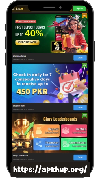 2J Bet Game app screen showing first deposit bonus up to 40%, daily check-in rewards up to 450 PKR, and leaderboard bonuses.
