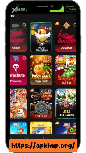 X44 Game popular casino games including Aviator, slots, cards, and live games shown on APKHUP.org