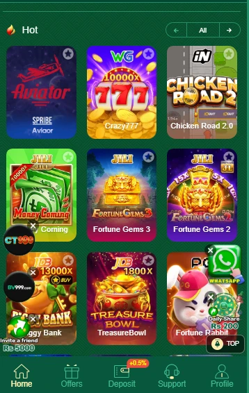 W9 Bet Game online casino app hot games section showing Aviator, Crazy777, Chicken Road 2, Fortune Gems, and Treasure Bowl slot games in Pakistan