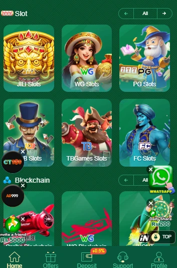W9 Bet Game online casino app interface showing slot games including JILI Slots, WG Slots, PG Slots, and TBGames on Android in Pakistan