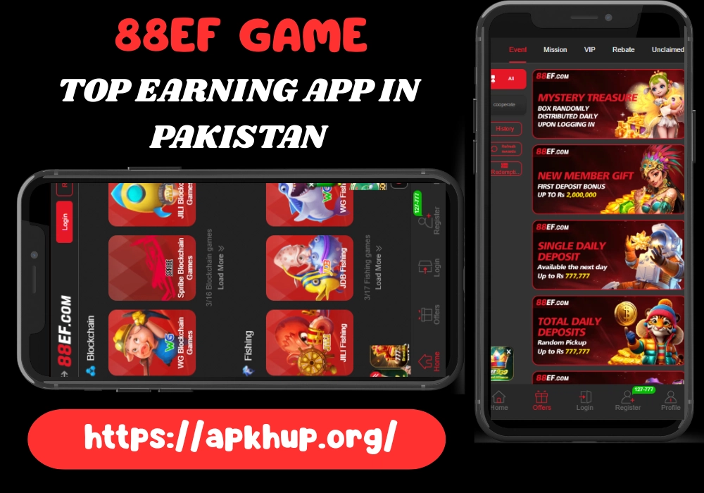 88EF Game app screens displaying rewards, missions, and bonuses, promoted as a top earning app in Pakistan on apkhup.org