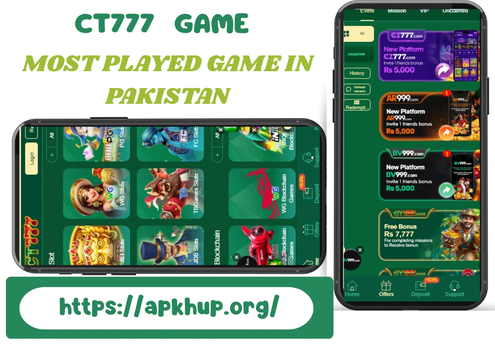 CT777 Game mobile app interface showing multiple online card and slot-style games, displayed on smartphones with informational preview for adult users in Pakistan