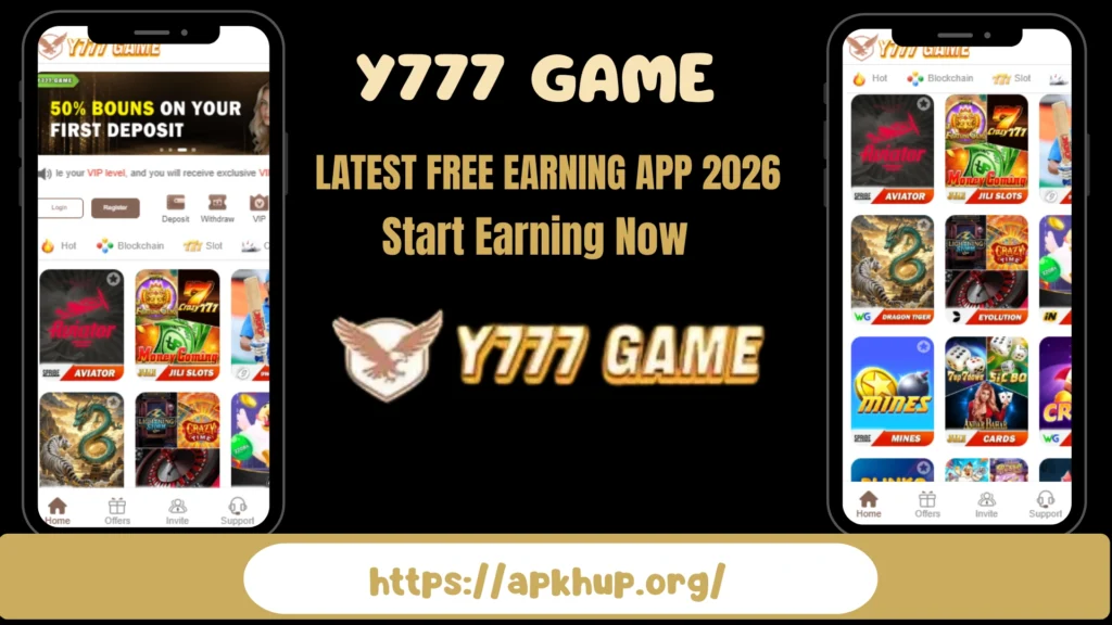 “Y777 Game earning app interface showing casino games on mobile screens – free earning app 2026 by APKHUP.org”