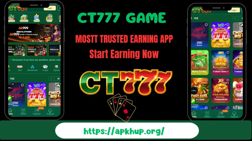 CT777 Game app interface showing multiple card and slot-style games with earning features, displayed on mobile screens – informational preview on apkhup.org