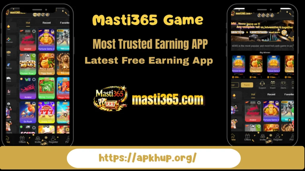 Masti365 Game earning app interface showing casino games like Aviator, Fortune Gems, and Piggy Bank – download from apkhup.org