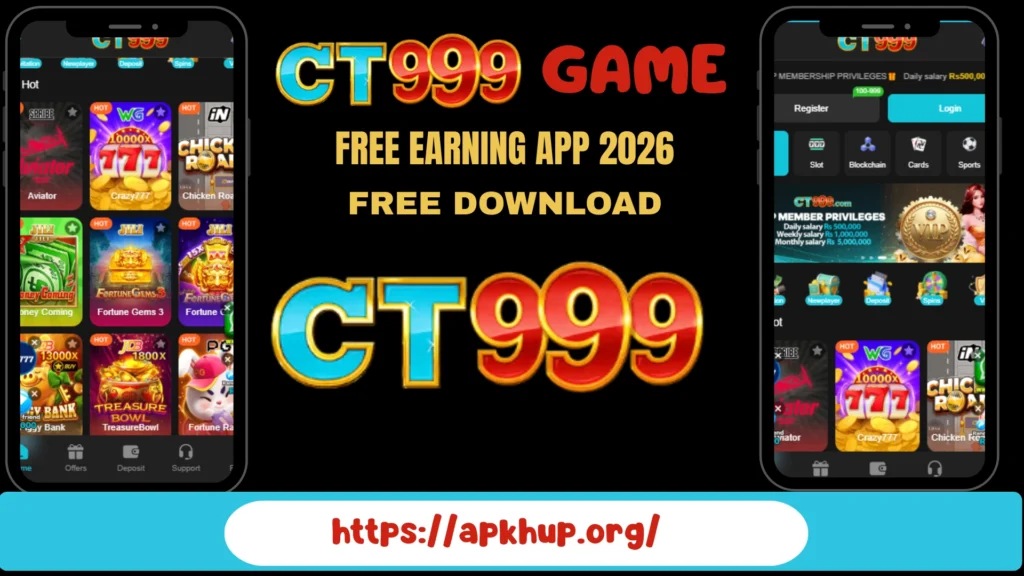 CT999 Game free earning app 2026 promotional banner showing casino-style mobile games, slot machines, and earning features with free download link.