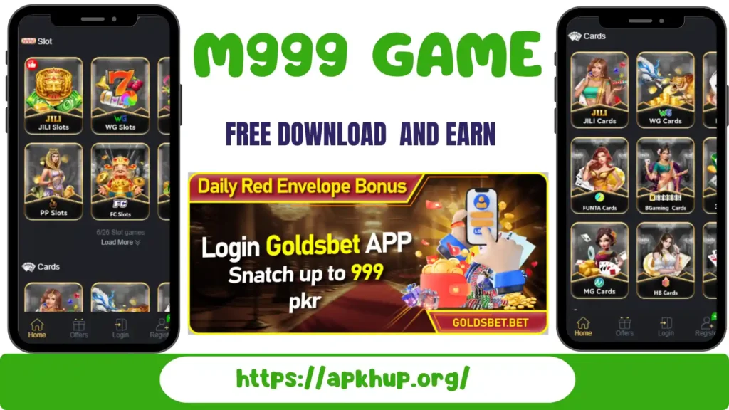 M999 Game app interface showing slot games, card games, and daily bonus offers on apkhup.org