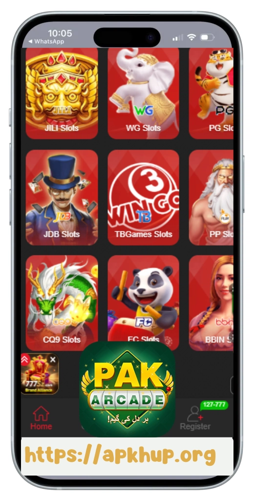 Pak Arcade online casino app interface showing multiple slot games including JILI Slots, WG Slots, PG Slots, JDB Slots, and more on a mobile screen