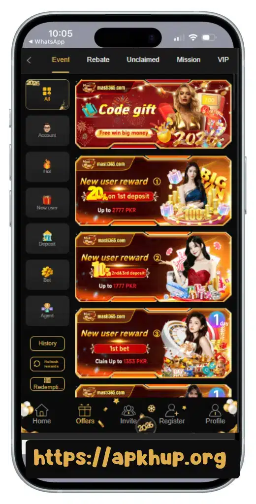 Masti365 Game app new user rewards and bonus offers screen showing code gift, deposit rewards, and earning options – download from apkhup.org