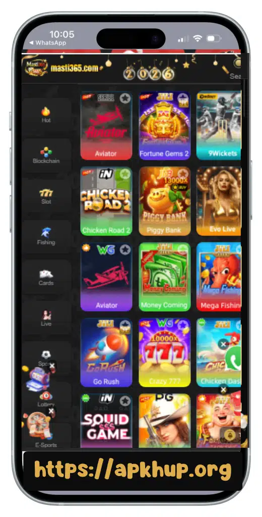 masti365.com casino app interface displayed on mobile showing popular online games like Aviator, Fortune Gems, Chicken Road, and live casino options.