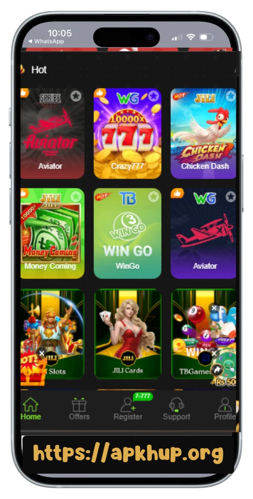 “M222 game casino app interface showing Aviator, Crazy777, Chicken Dash, Win Go, Money Coming and JILI slots on apkhup.org”