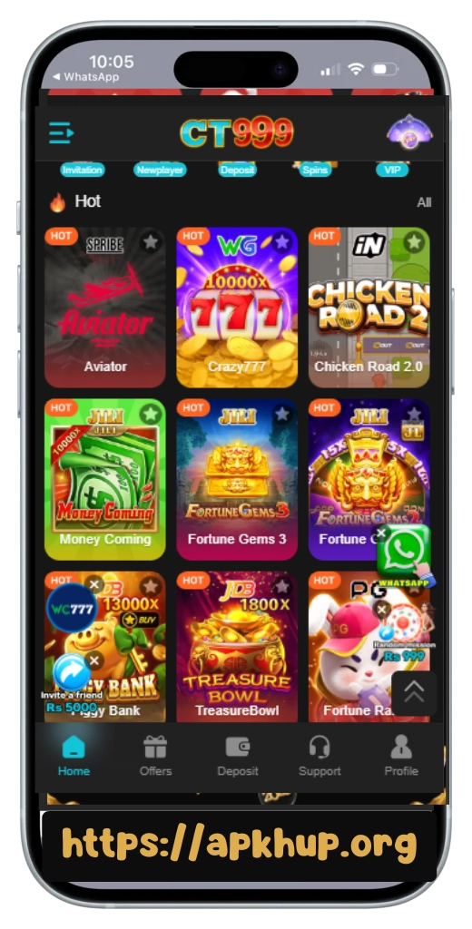 CT999 Game mobile app interface showing popular casino games like Aviator, Crazy 777, Chicken Road, and Fortune Gems with free download link.