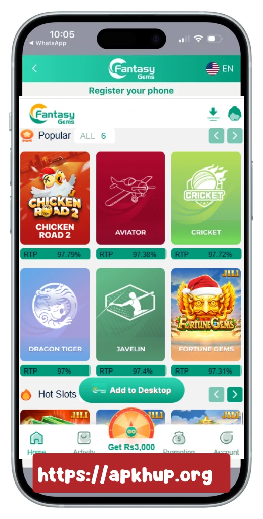 Fantasy Gems Game app popular games screen showing Chicken Road 2, Aviator, Cricket, and Fortune Gems with RTP rates on Android – apkhup.org