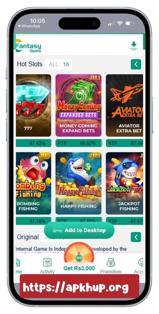 Aviator game on Fantasy Gems app showing high RTP earning gameplay on Android – download from apkhup.org