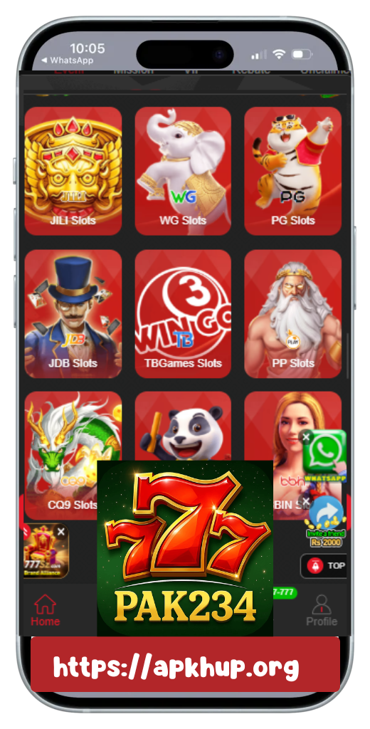 Screenshot of mobile interface showing various slot games on APKHup.org with game provider logos like JILI, WG, PG, and more.
