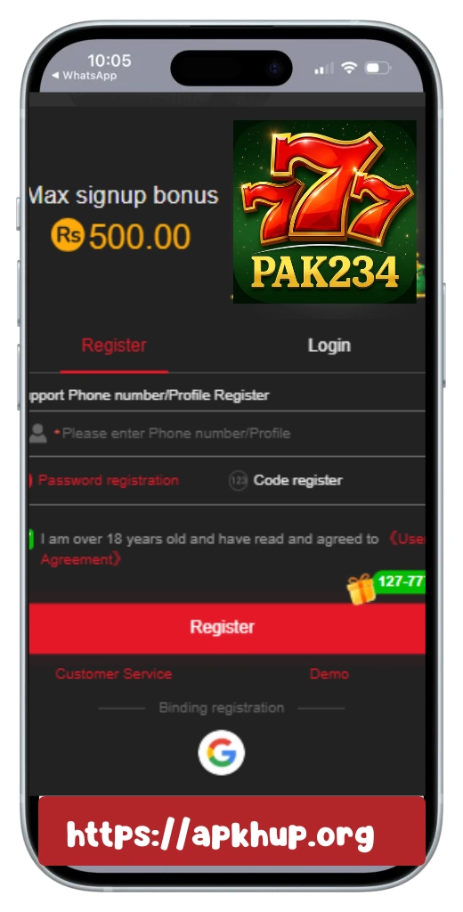 Mobile registration screen of PAK234 slot game showing max signup bonus of Rs 500 with register and login options.
