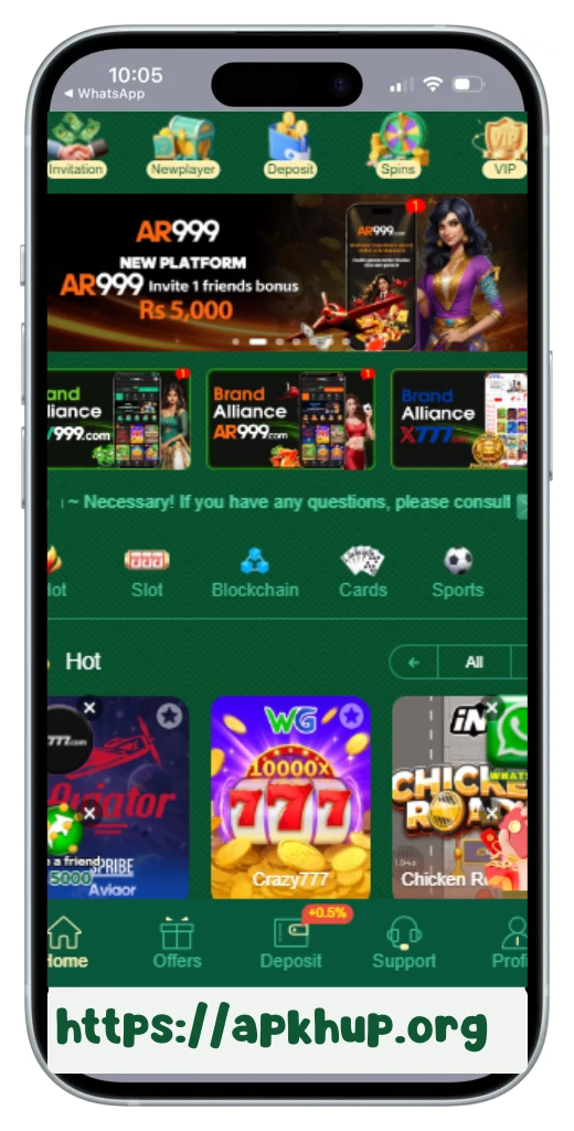 PAK77 Game earning app interface showing slot games, Aviator, Crazy 777, invite bonus Rs 5,000, deposit options, and casino categories on mobile screen.