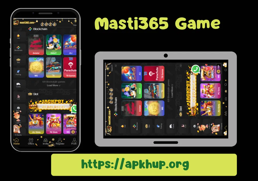 Masti365 Game earning app dashboard displayed on mobile and tablet with multiple casino games – official download from apkhup.org
