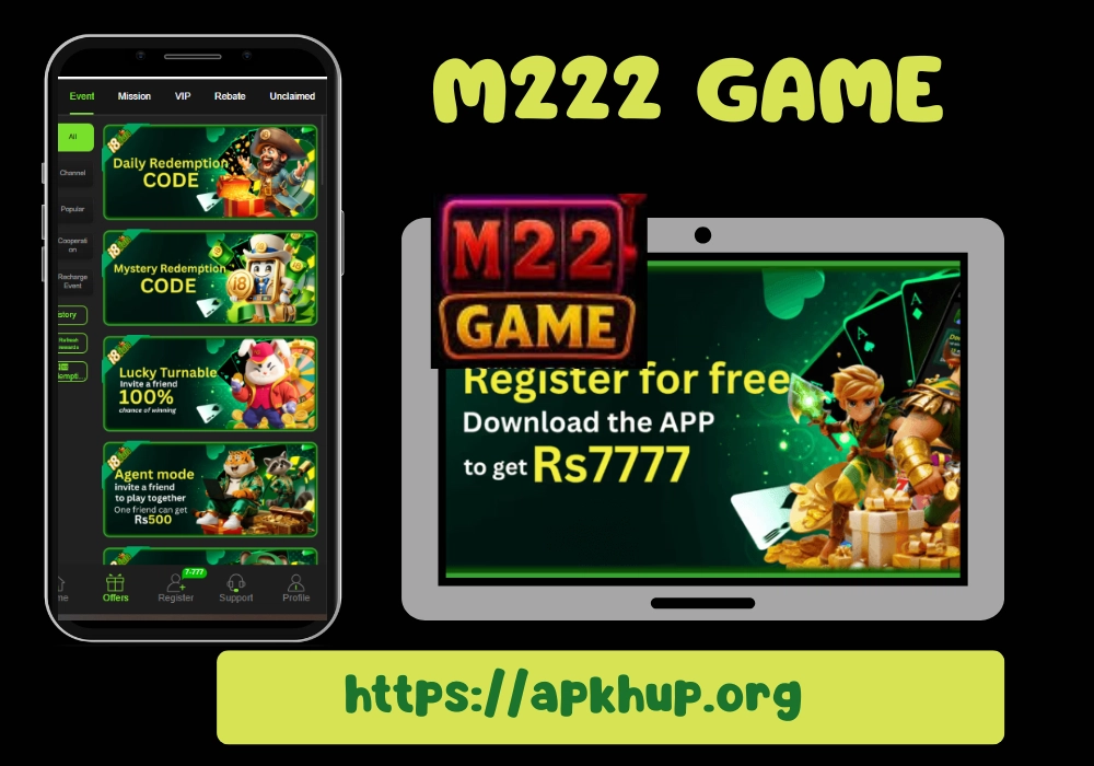 M222 Game earning app features and bonus offers shown on mobile screens – Free M222 Game APK from APKHUP.ORG