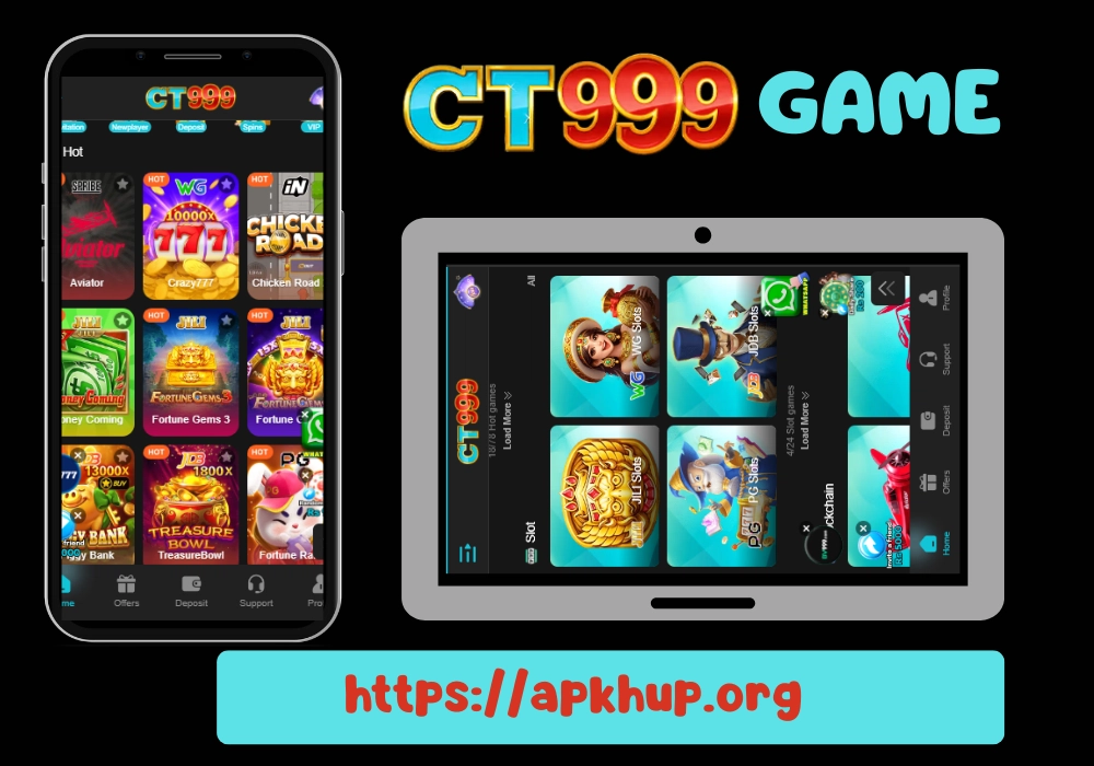CT999 Game app interface displayed on smartphone and tablet showing slot games, casino features, and free download link.